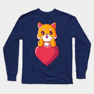 Cute dog shiba inu with big love. Gift for valentine's day with cute animal character illustration. Long Sleeve T-Shirt